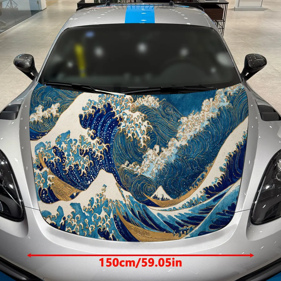 Blue Surging Japanese Style Waves PVC Car Hood Wraps, Self-Adhesive Waterproof Car Bonnet Decal Sticker, Car Decoration Protecti