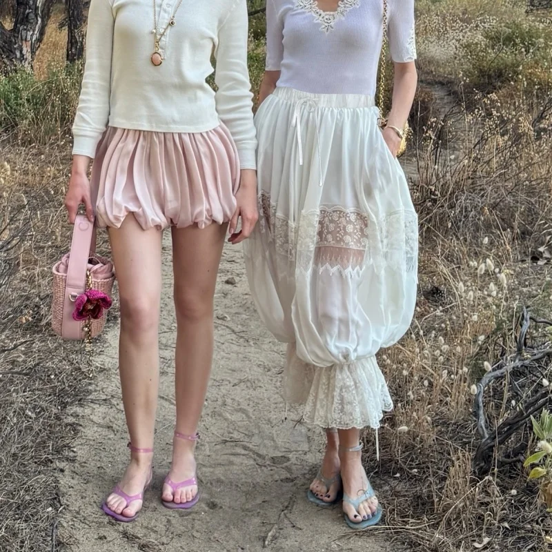 여성 Y2K 퍼프 블루머 롱 팬츠 레이스 패치워크 루즈 블루머 팬츠 러플 하이웨이스트 여성 트라우저 비치 롱 벌룬