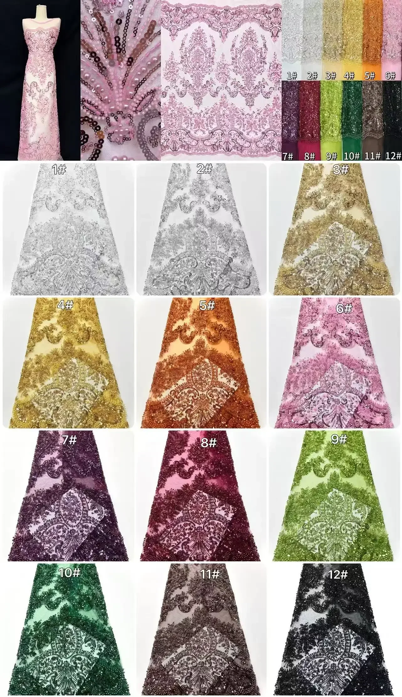 Africano 2025 Tessuto di pizzo con perline rosse Francese 5 metri Tulle Maglia Paillettes Tessuti di pizzo ricamato Matrimoni Vestito da festa TP1415