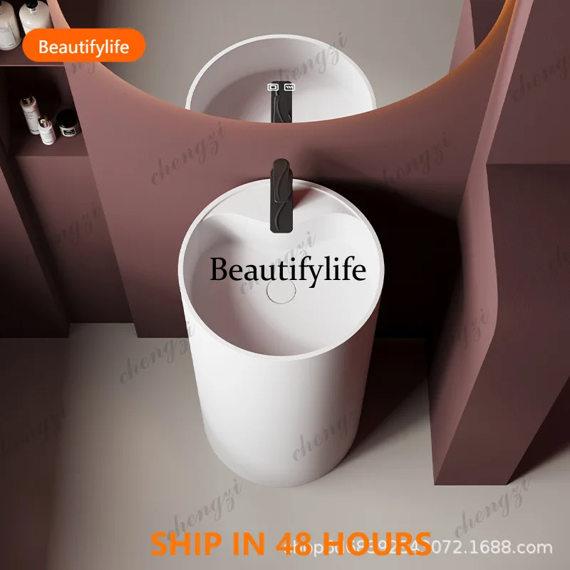 

03 Hand washing column basin Integrated floor washbasin Round artificial stone pillar basin Minimalist hotel style