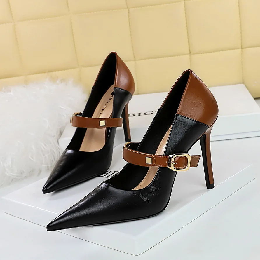 fashion Slim Ultra High Heels Shallow Mouth Pointed Toe Color Block Straight Women's Line Single Shoes Women Pumps