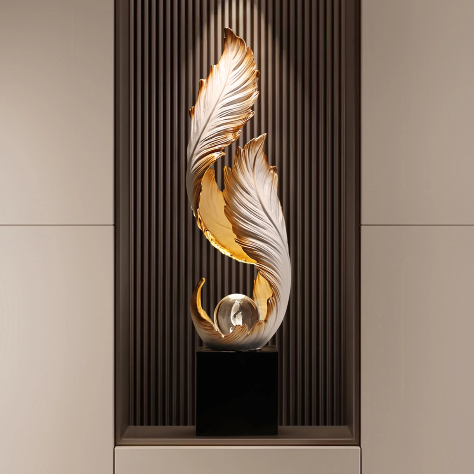 Gold Feather Statue Layered Design Feather Sculpture Artificial Crystal Ball Figurine Slender Display Accent Modern Luxury