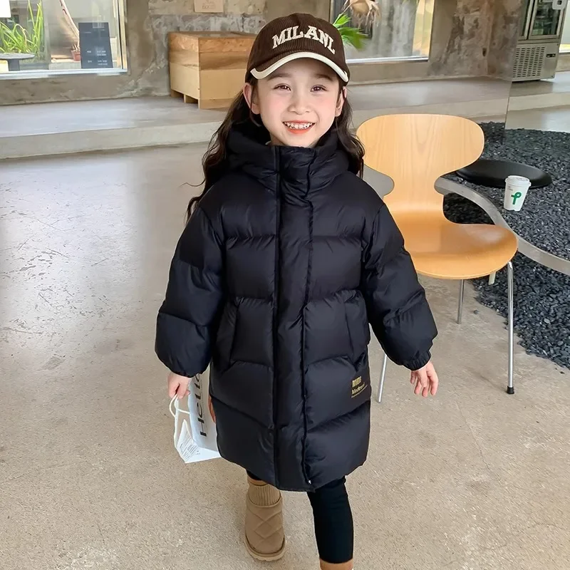 

2024 Winter 110-170cm Girls Long Thick Warm Long Parkas with Pocket Kids Hooded Coat Outerwear Two Colors