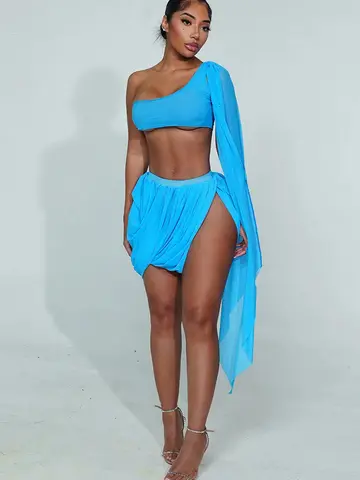 Sisterlinda Ruched Elegant 2 Piece Set Women Irregular Mesh One Sleeve Crop Tops+Side Splits Mini Skirts Sexy Fashion Outfits