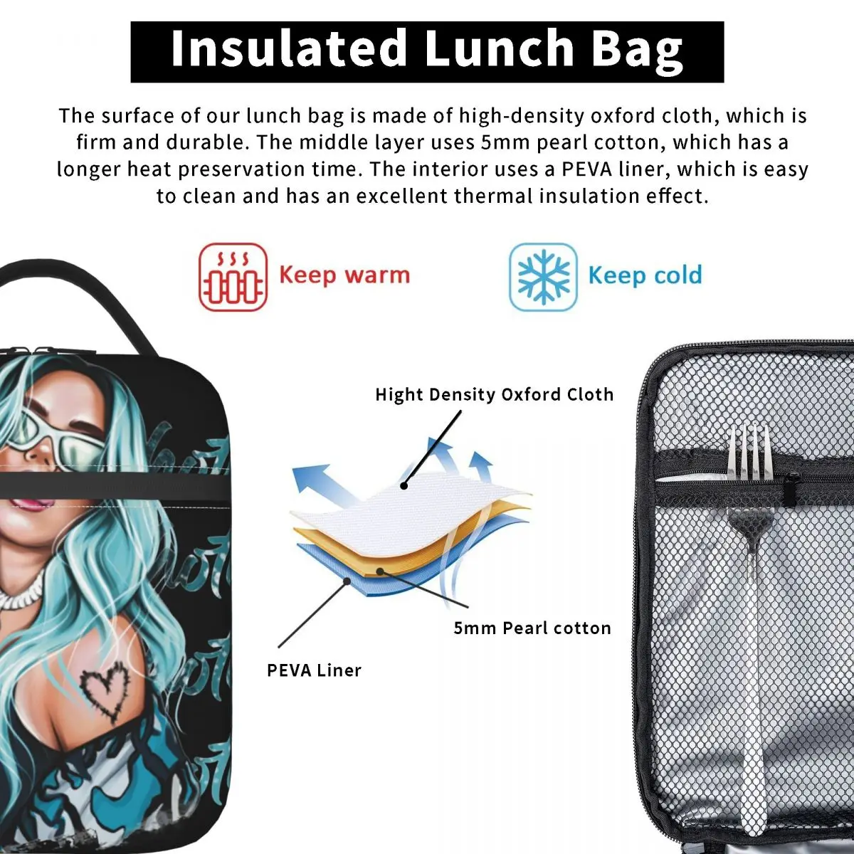 Karol G With Blue Hair Bichota Insulated Lunch Bags Meal Container Cooler Bag Tote Lunch Box Beach Travel Food Storage Bags