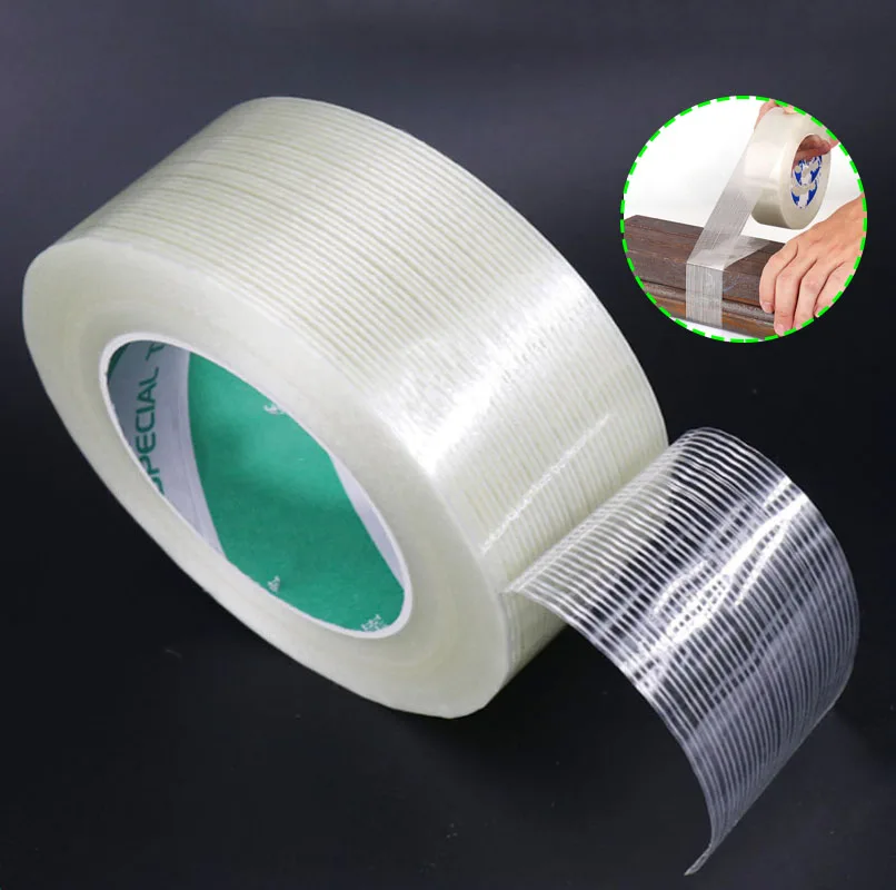 

25/50Meters Strong Glass Fiber tape Transparent Striped Single Side Adhesive Tape Industrial Strapping Packaging Fixed Seal