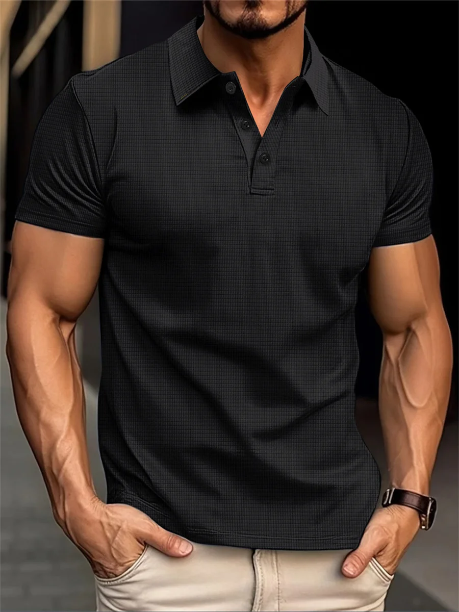 Summer Men\'s New style Daily Comfort Leisure solid Color Waffle Check Fashion item Outdoor muscle Sports Stand collar POLO shirt