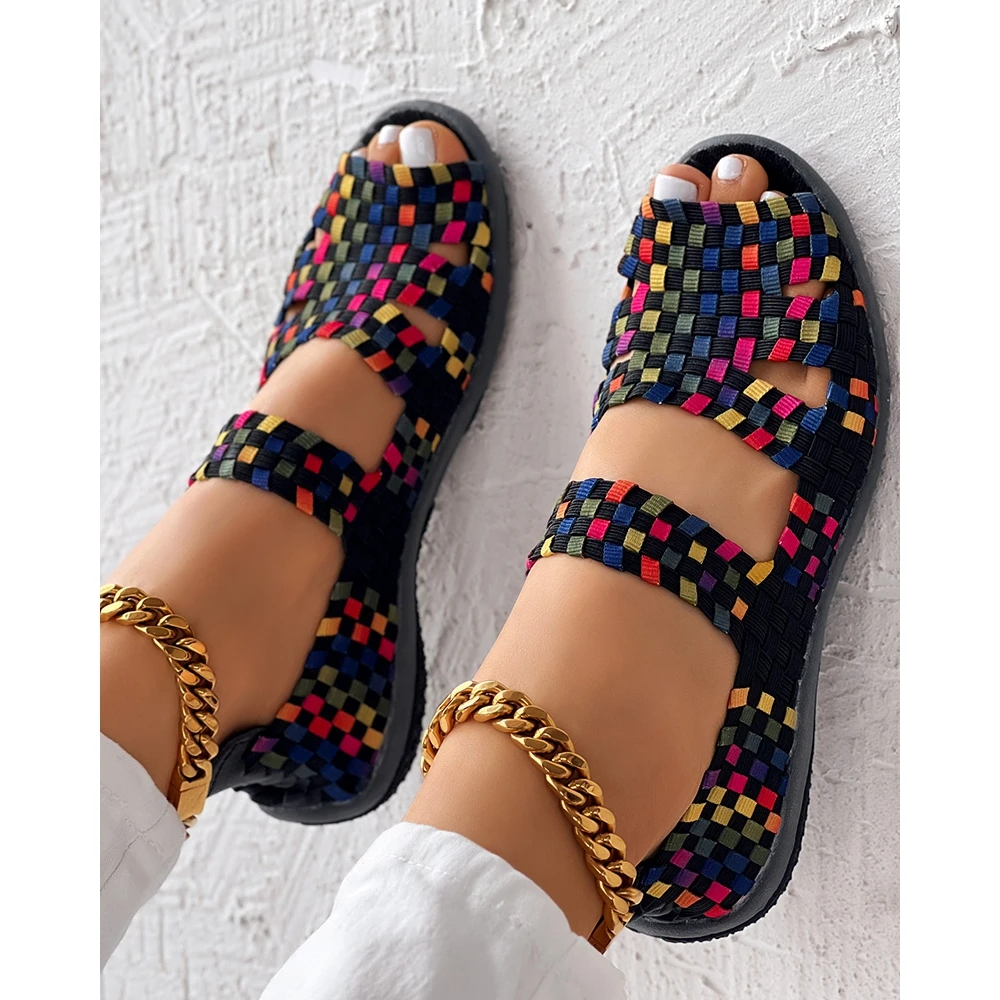 Fashion Women Colorblock Hollow Out Sandals Slip-on Summer Casual Peep Toe Flats Korean Style Going Out Knitted Soft Shoes