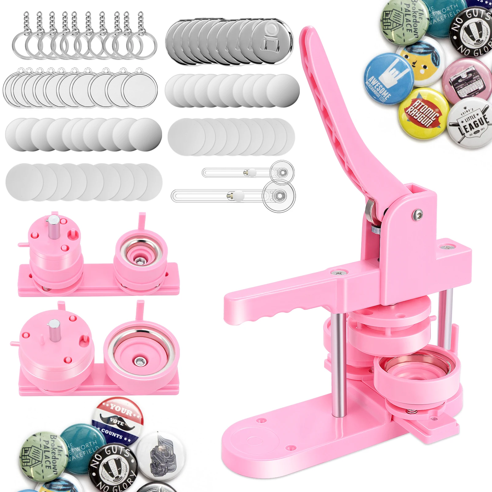 Pink Button Badge Maker Machine 32/58mm Mold Button Pin Press Machine With 300sets Supplies + 2 Round Cutter For Children's Gift