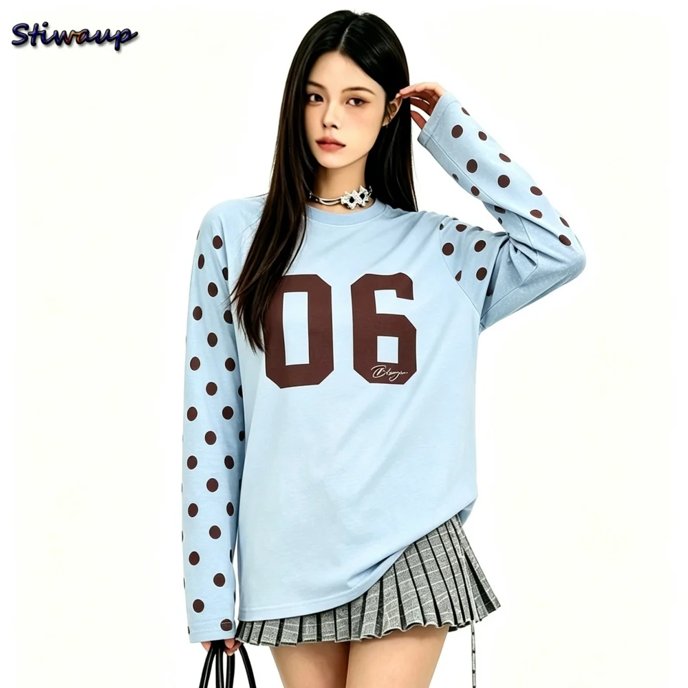 Women's Sweatshirt Korean Vintage Digital Print Polka Dot Patchwork Long Sleeve Tee Loose Unisex Sports Top S-L