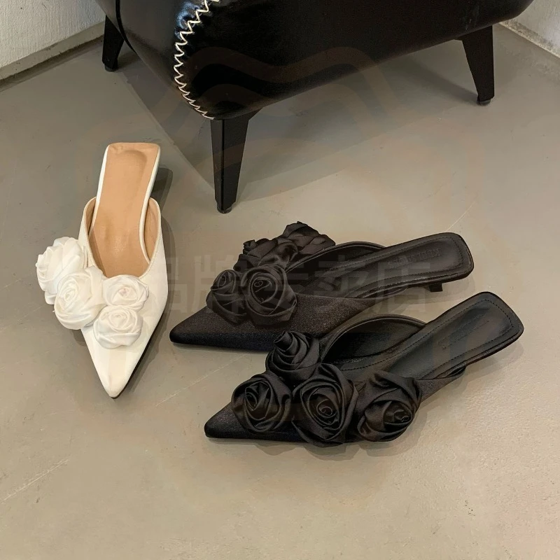New Women Shoes Exquisite Floral Pointed Head Mules for Woman Elegant French Style Casual Shoes Designer Shoes Zapatos De Mujer