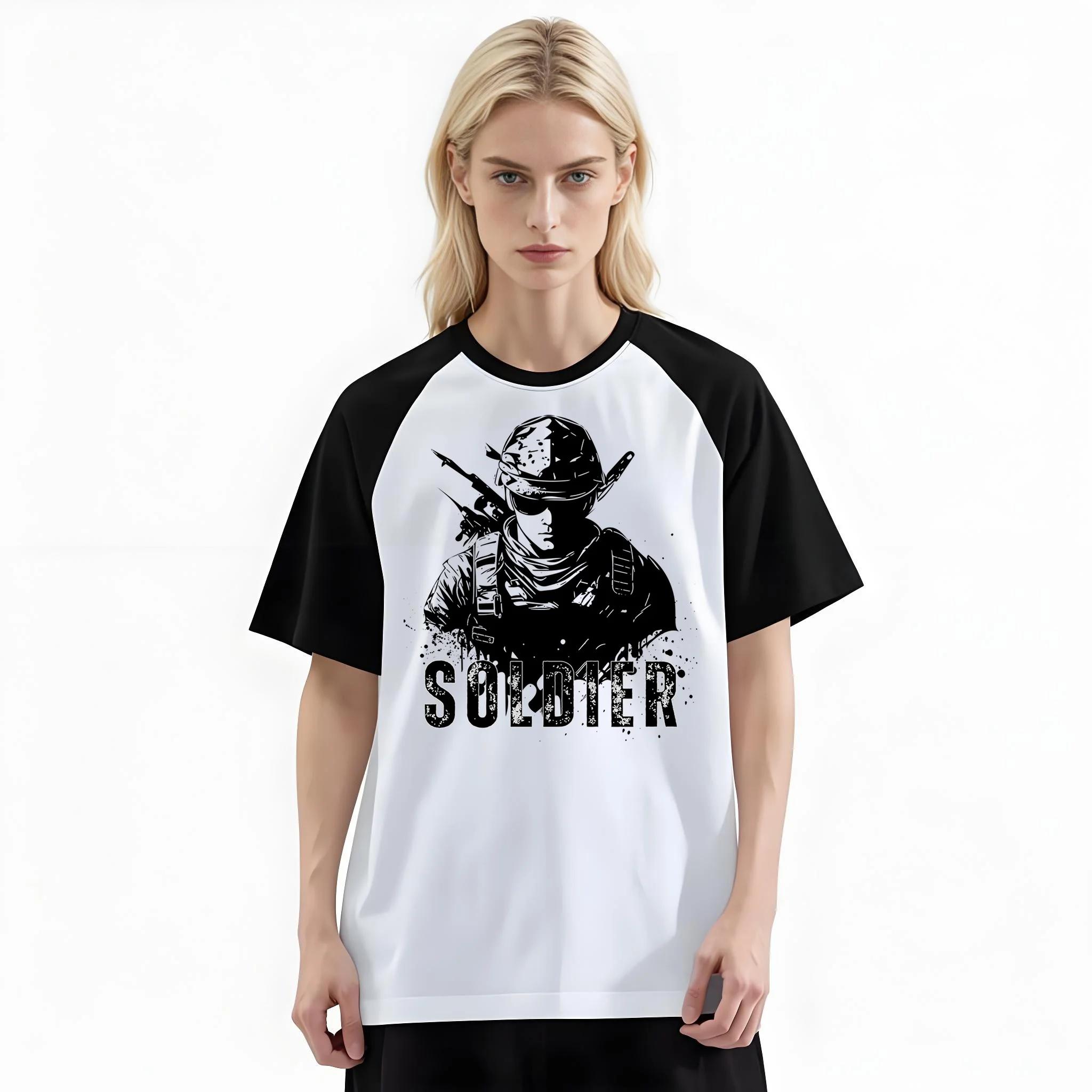 Women'S Fashion Raglan Sleeve T-Shirt, Grunge Military Soldier Splash Ink Streetwear Graphic Printed, Summer Casual Comfortable Tee, Women'S Everyday Short-Sleeve Top