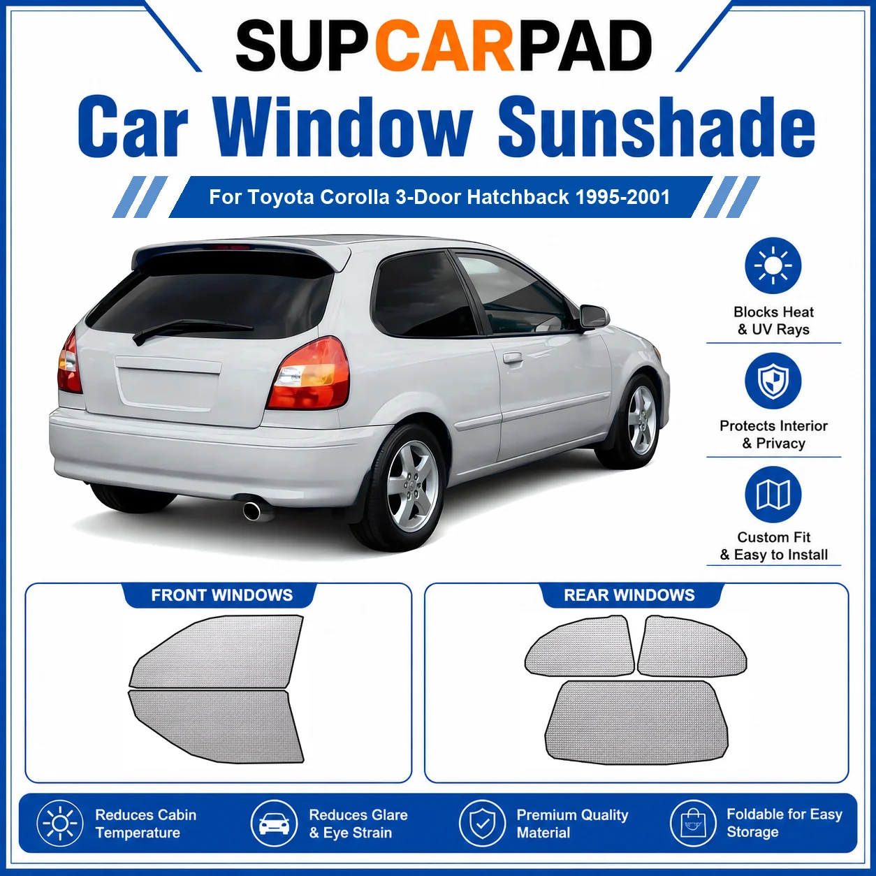 For Toyota - Toyota Corolla 3-Door Hatchback 1995-2001 Full Set Car Window Sunshades UV Block Privacy Heat Insulated Foldable Ca