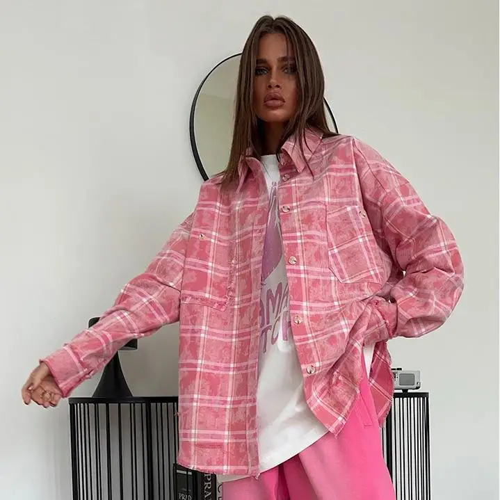 

Loose Plaid Shirt Women's Casual Style Pink Grid Pattern Spring Summer New Fashion Retro Color Long Sleeve Printed Shirt Coat