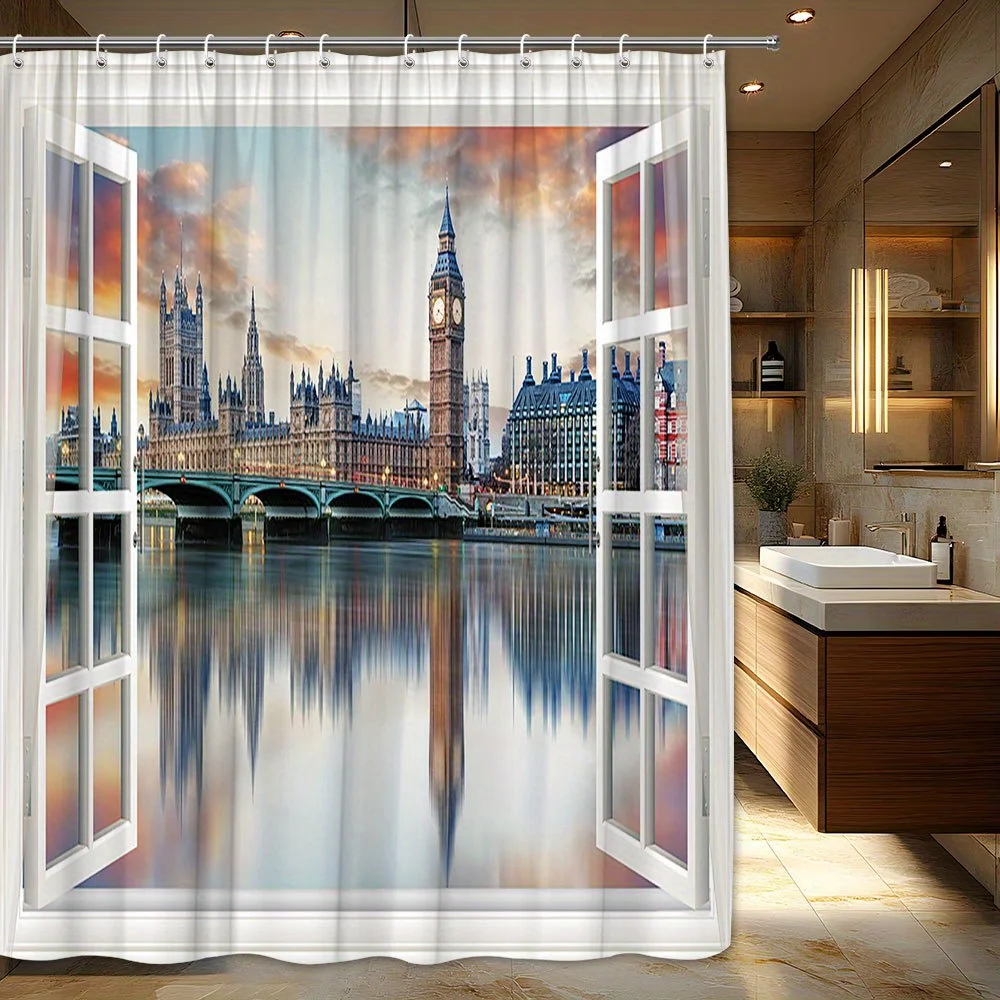 1 cortina de ducha London Skyline - Big Ben & Houses of Parliament River Thames reflejo a través de ventanas con marco blanco
