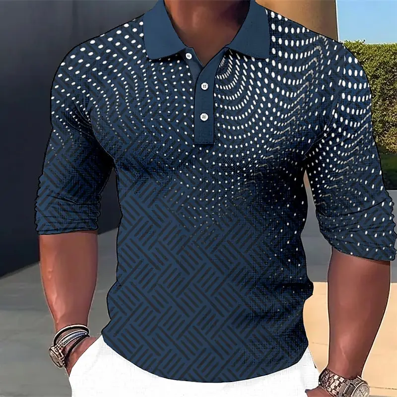 Men's Geometic Line Long Sleeve Polo Shirts Breathable Casual Geometic Dot Tops Slim Fit Quick Dry Classic Collar Multi Color