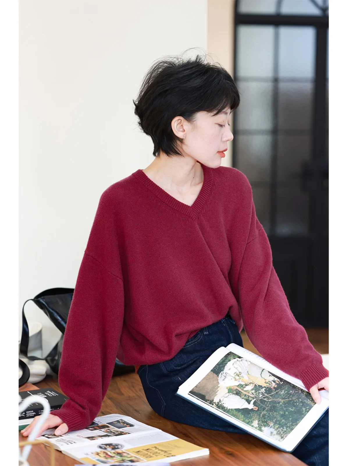 

Soft Thiened Full Camere Sweater Women's V-ne Winter Knittedwear Purple Slimming Retro Quali Warm Long Sve Top