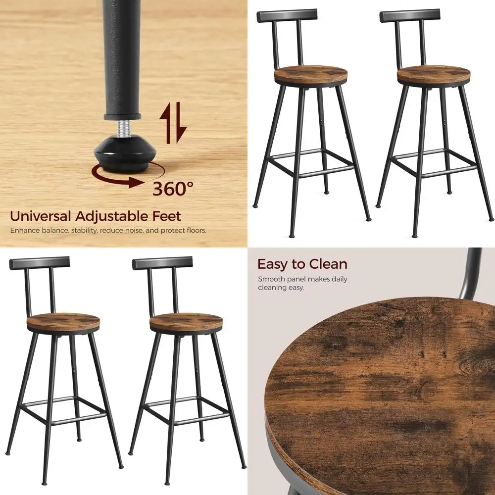 Pair of 26 Rustic Brown Metal Counter Height Bar Stools with Backrest, Footrest, Adjustable Feet for Kitchen, Living Room, and P