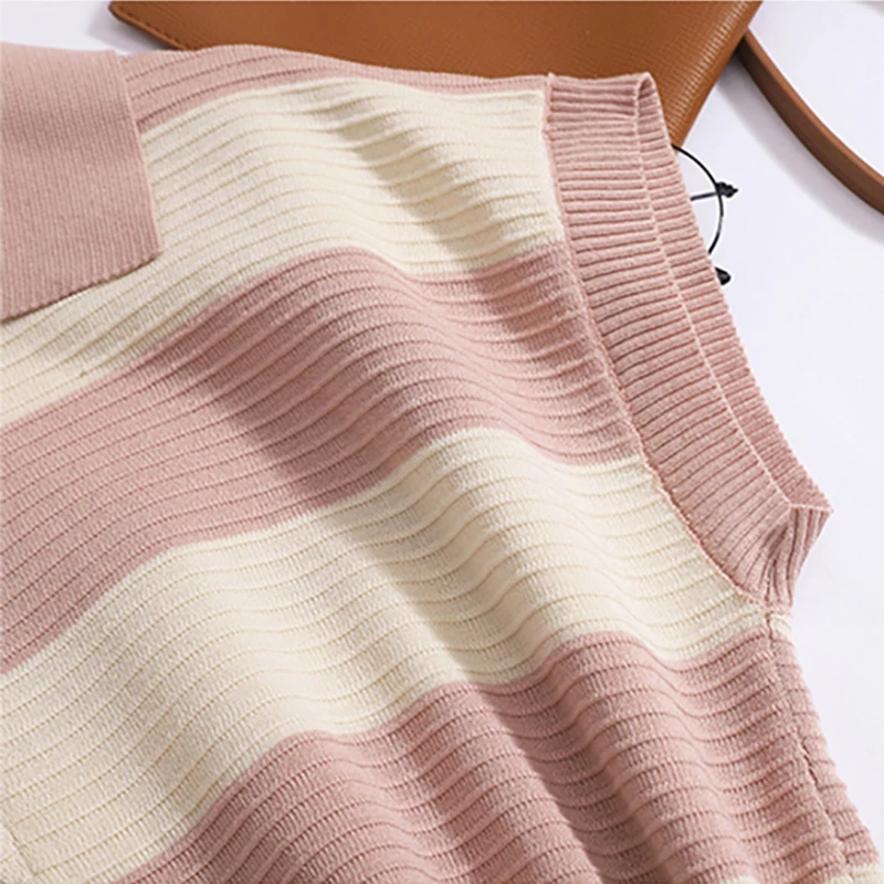 Women Casual Polo Neck Half Zipper Sleeveless Loose Top Elastic Band High Waist Split Slim Skirt Contrast Color Stripes Knit Set