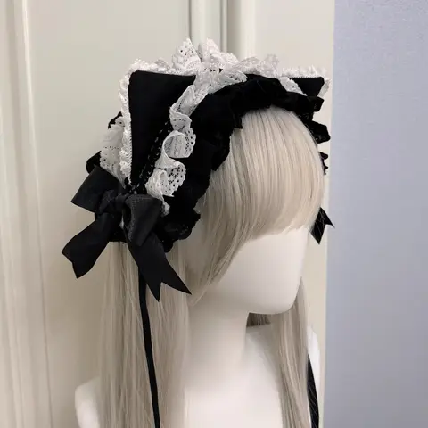 New Handmade Harajuku Lolita Lace Cat Servant Headband Y2K Girl Subculture Dark Cat Ear Headpiece KC Maid Cute Hair Accessory