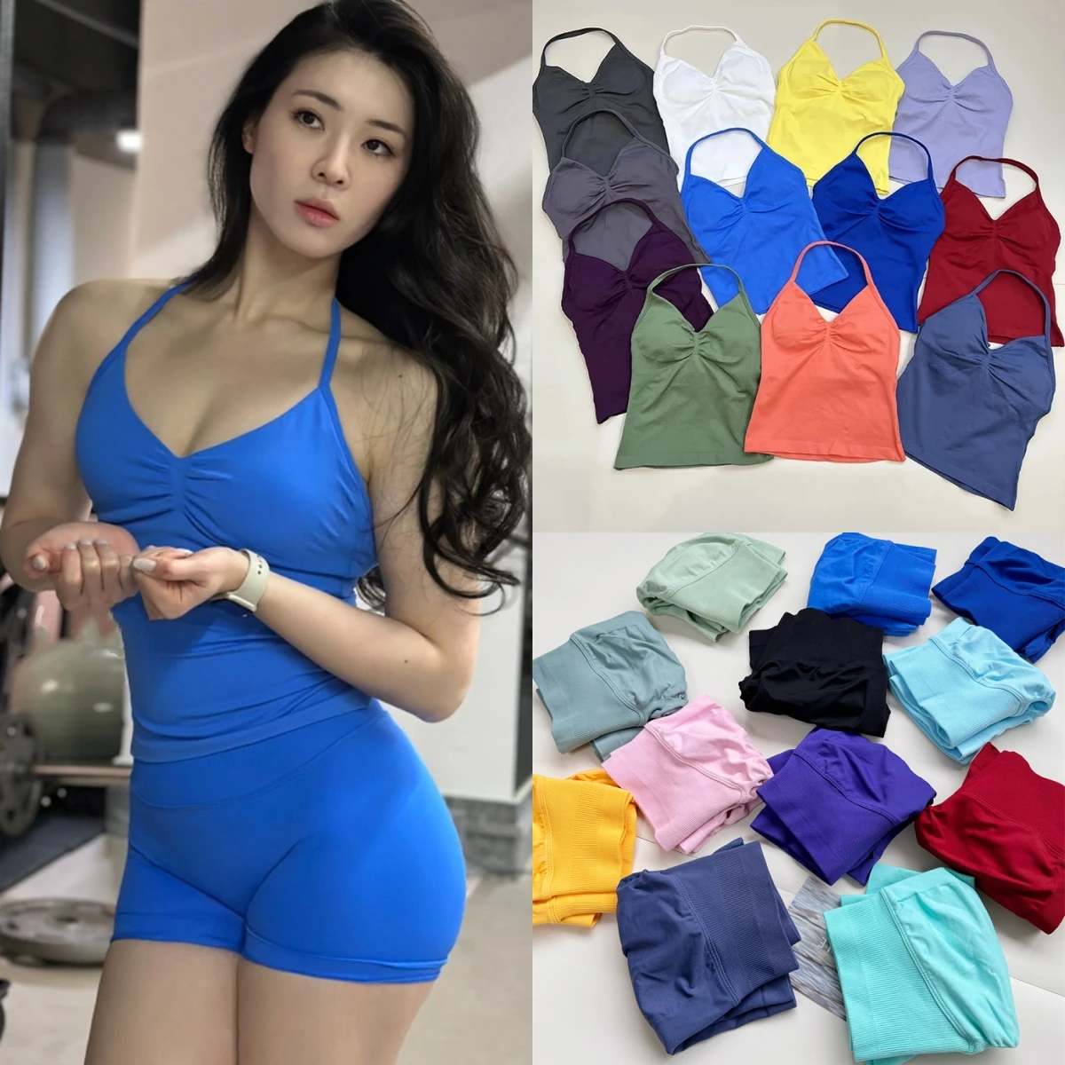 

Спортивный комплект из 2 предметов, женские топы на бретелях с открытой спиной, бесшовные шорты с высокой талией, спортивный костюм, спортивный комплект, спортивная одежда, комплект для тренировок