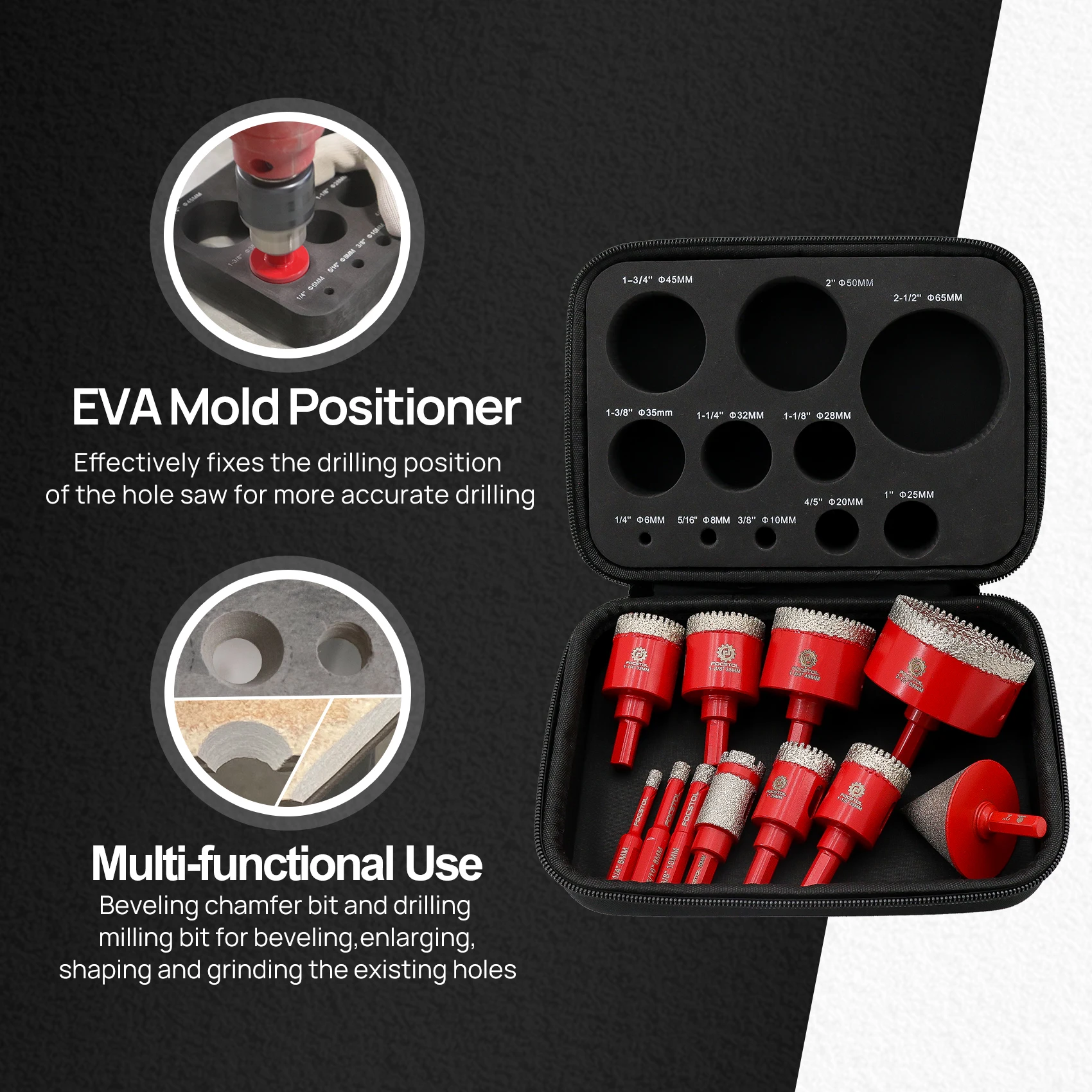 

FOCSTOL Diamond Tile Drill Bit Set Dia 6-65mm 11pcs for Porcelain Tile Ceramic Granite Marble Chamfer Bit Drill Milling Bit
