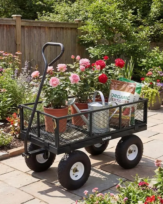 Versatile Outdoor Utility Cart Heavy-Duty, All-Terrain Pneumatic Tires, Easy Maneuverable Lawn Cart with Removable Mesh Panels for Gardening & Landscaping