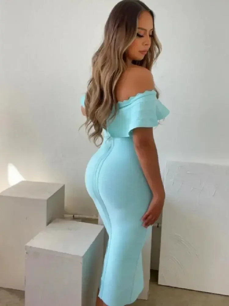 BEAUKEY Winter Green Ruffle Bandage Dress 2022 For Women Strip Bodycon Dress Slim Celebrity Off Shoulder Party Vestido Midi  XL