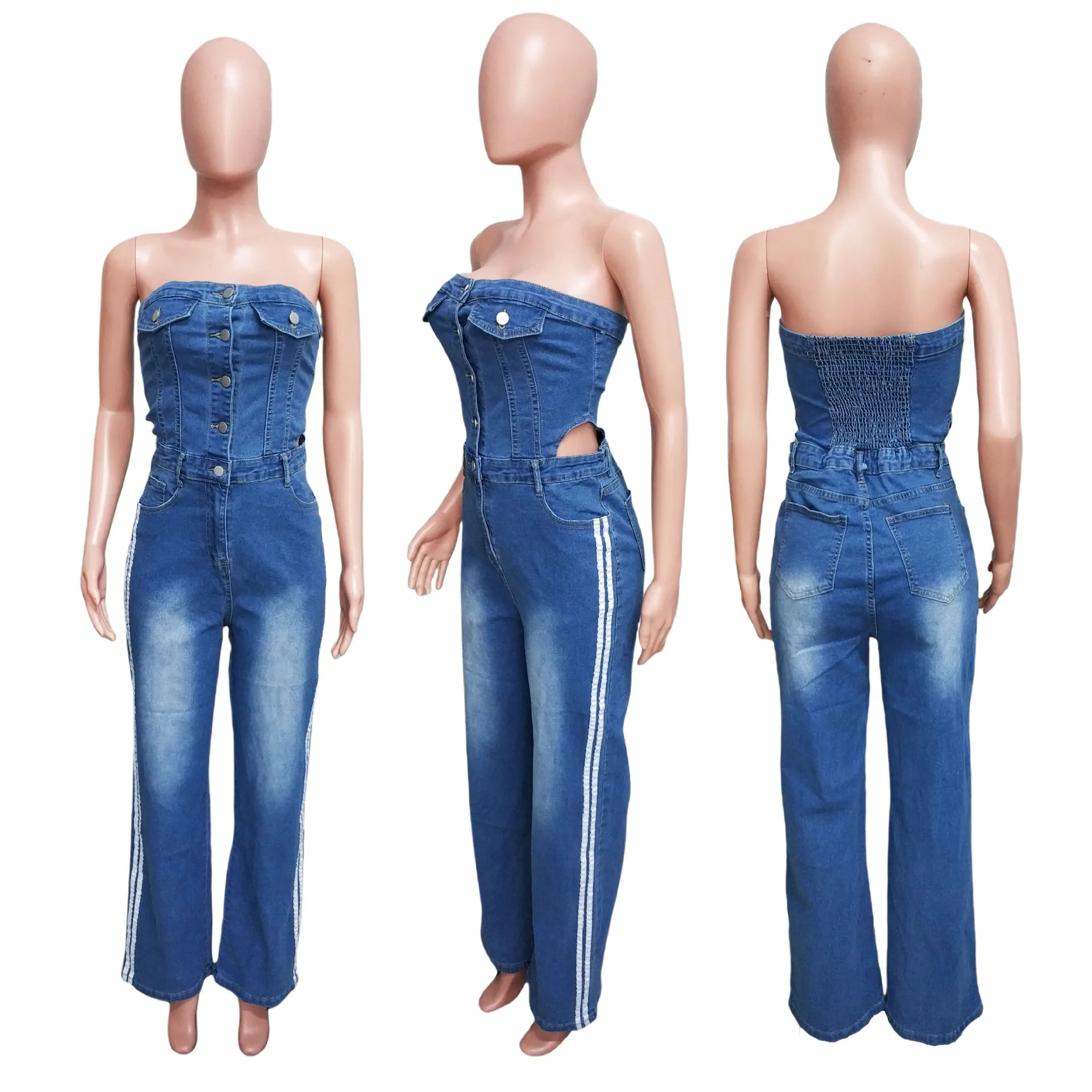 

plus Size Denim Jumpsuits Women's Cross-Border Tube Top Overalls High Waist Long Pants Lycra Fabric Summer New Arrivals