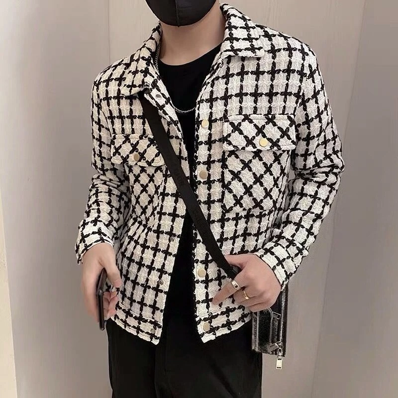 

​Men's Thickened Checkered Wool Blazer Jacket Streetwear Stylish Edgy Coat for Spring Autumn Winter Unisex Winter Outerwear