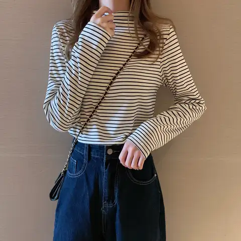 가을 겨울 슬림핏 여성 티셔츠 하프 하이 칼라 긴팔 베이스 레이어 셔츠 이너웨어 스트라이프 화이트 다용도 INS 탑