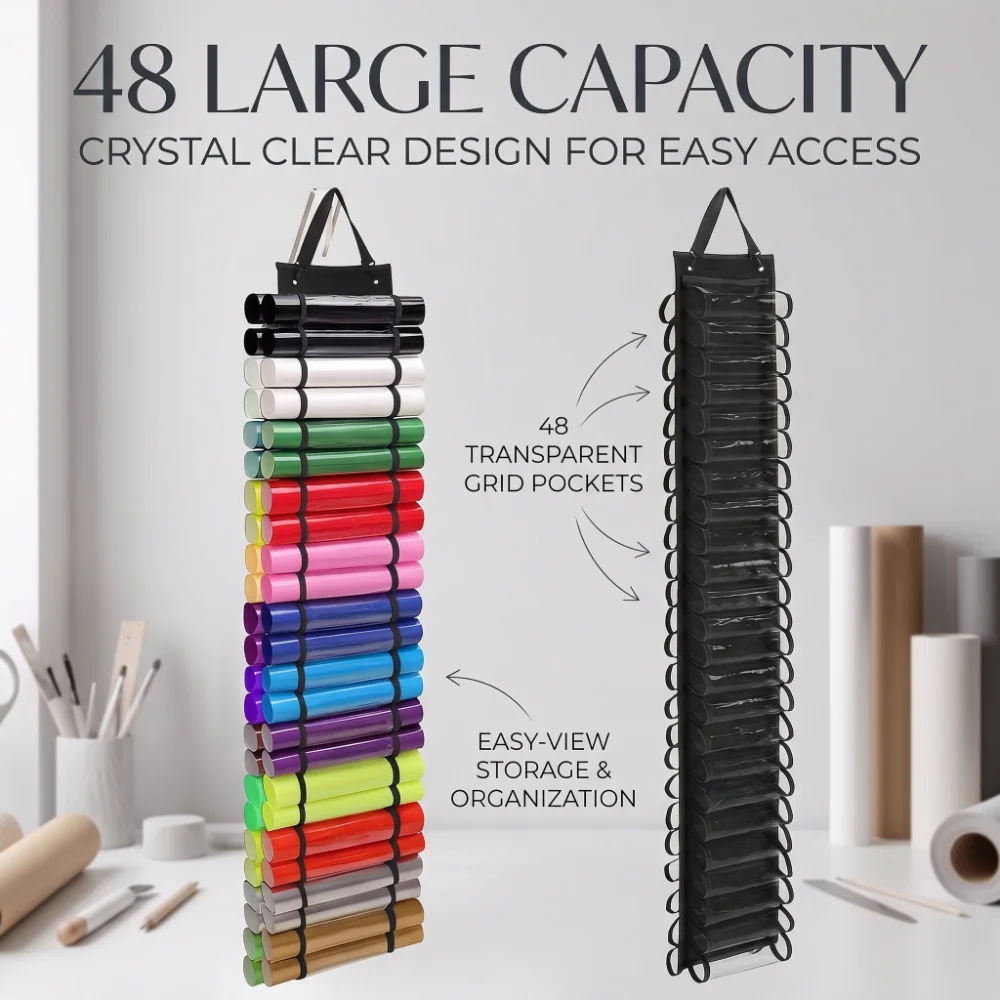 48 Pockets Hanging Bag Clear Storage for Heat Transfer Film Roll Vinyl Lettering Tubes Organizer