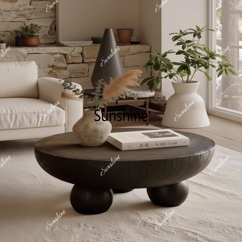 

Medieval wabi-sabi wind solid wood, round coffee table, living room, household small apartment, light luxury and high-