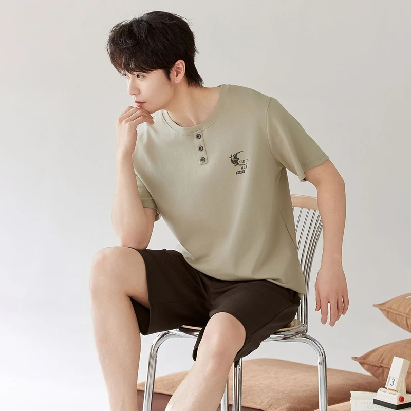2026 Summer Short Sleeve 100% Cotton Print Pajama Sets for Men Korean Loose Sleepwear Pyjamas Male Homewear Lounge Home Clothes