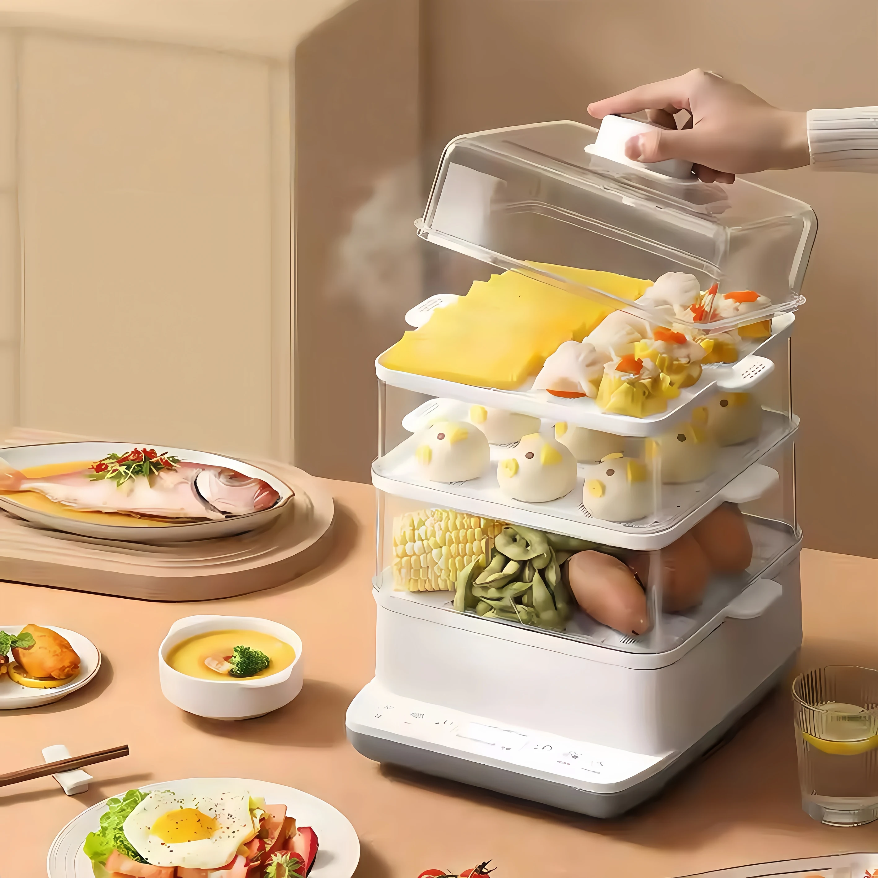 Home Electric Steam Cooker Large Capacity 3-Layer Foldable Multi-purpose Food Steamer