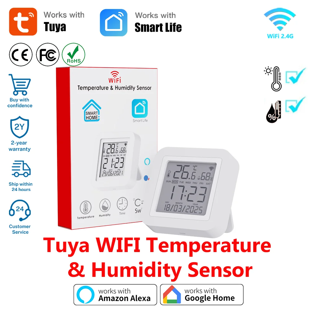 Tuya Smart WIFI مستشعر درجة الحرارة والرطوبة للمراقبة عن بعد للمنزل الذكي عبر تطبيق Smart Life يدعم Google Home Alexa #1