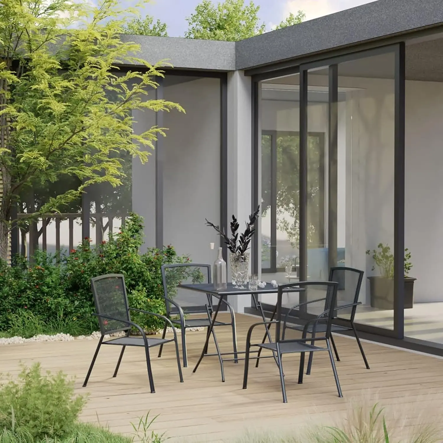 5 Piece Outdoor Dining Set, Square Steel Table & Chairs with Powder Coating for Garden Patio Balcony, Anthracite, Customized