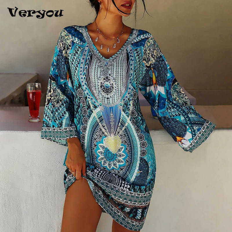 Plus size  Beach Cover up 2022 Robe Plage Sarong Swimsuit cover up Fashion Print Mujer Beachwear Bathing suit Women Maxi Dress