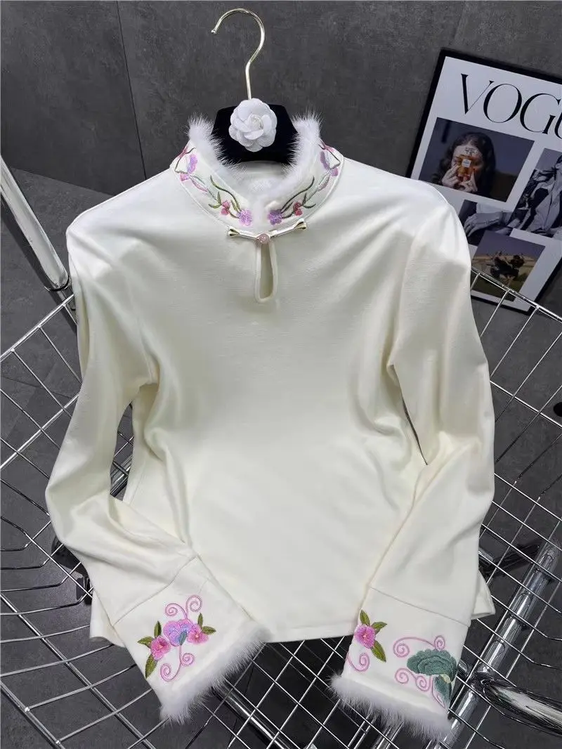 

Китайская блузка из жаккардовой ткани, топ с вышитыми краями и половиной шеи | Новые шикарные традиционные китайские рубашки с длинным рукавом для женщин