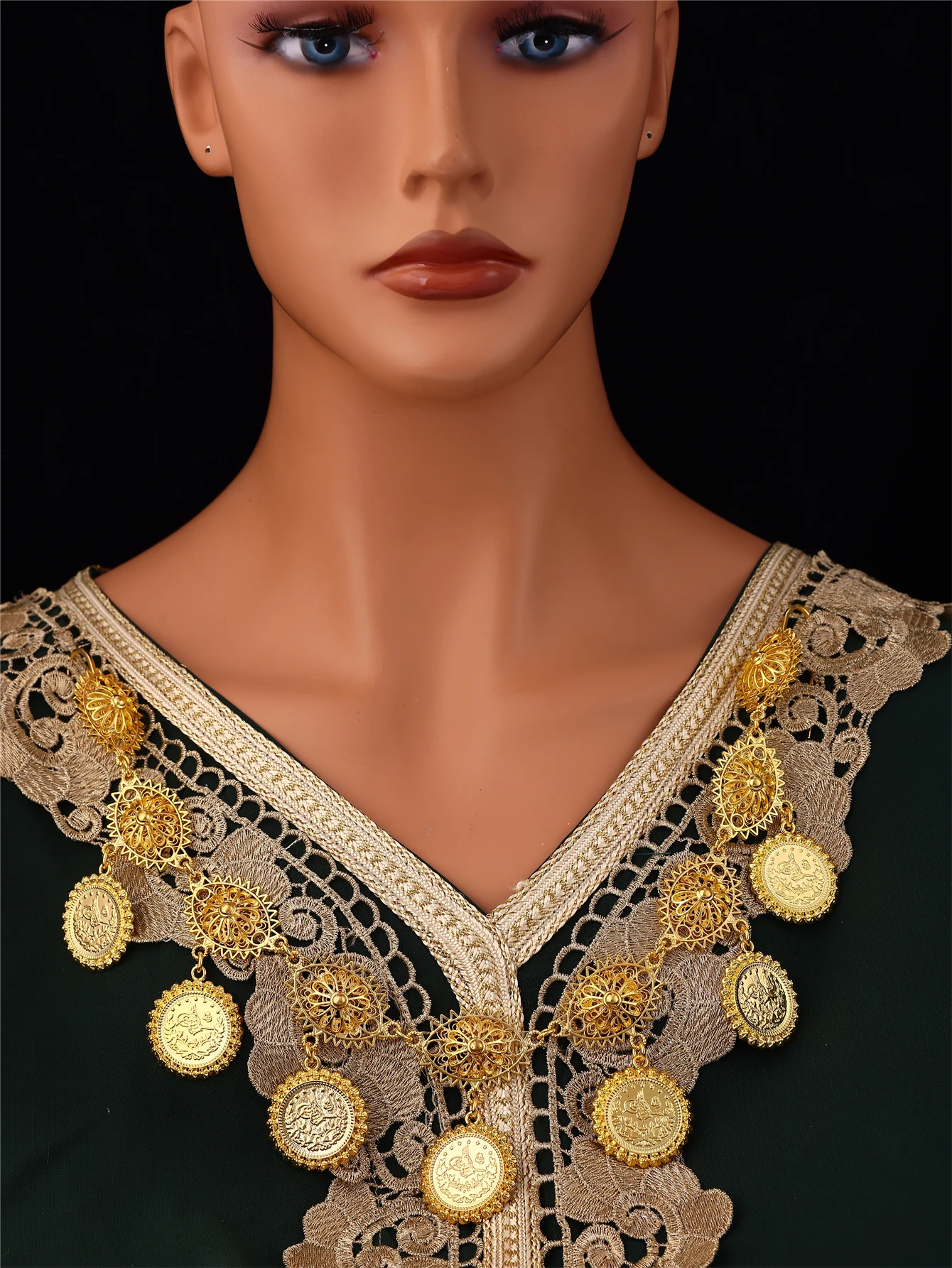 Moroccan Gold Coin Statement Necklace Vintage Hollow Floral Metal Pendant Necklace for Women Arabic Caftan Wedding Jewelry