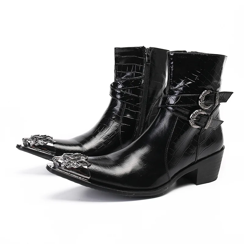 Rock Western Cowboy Men Boots Pointed Metal Tip Black Leather Short Boots Men Punk Motorcycle/Knight Boots for Men!