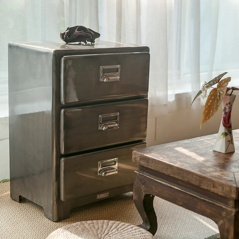 Metal cabinet, vintage bedside table, bedroom, minimalist storage cabinet, three bucket cabinet