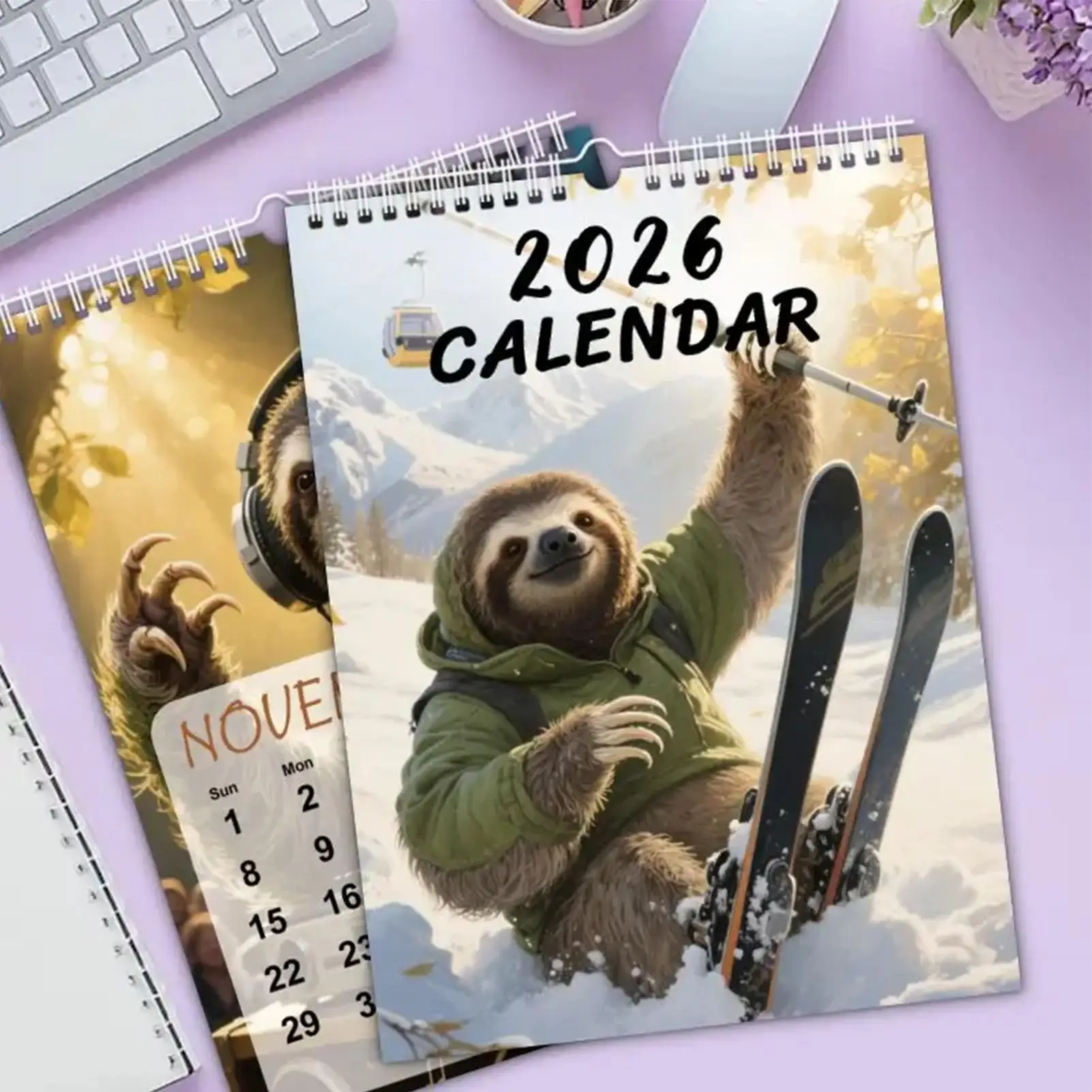 Funny Animal Calendar 2026 12 Monthly Sloth Skiing Planner 8.27x11.02in Funny Wall Calendar for Home Workplace Dorm Apartment