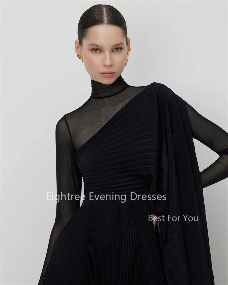 Eightree Modern Black Chiffon Evening Party Dresses Pleats Special Occasion Prom Gowns Trendy Formal Event Dress Sheer Vestidos