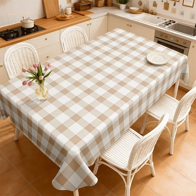 Soft, fashionable and elegant white and light beige classic checkered tablecloth for dining table
