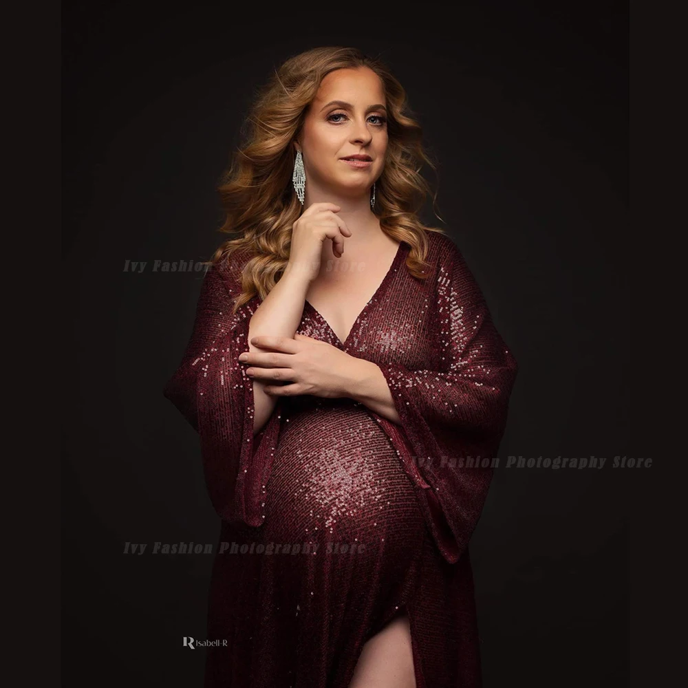 Maternity Photography Dresses Bohemian V-neck Sequined Sexy Transparent Side Slit Maternity Wear Boho Style Dress