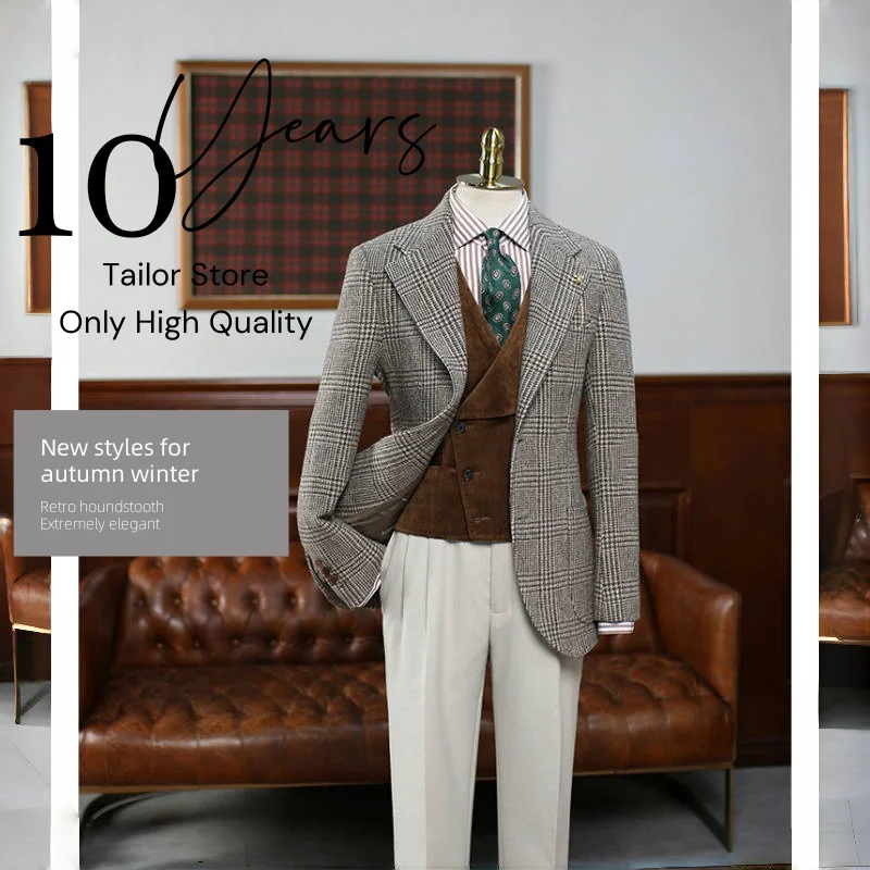 

Retro Hound Stooth Autumn Winter Woolen Suit Jacket for Men Brown Blazer Single Breasted Formal Man Suit Jackets