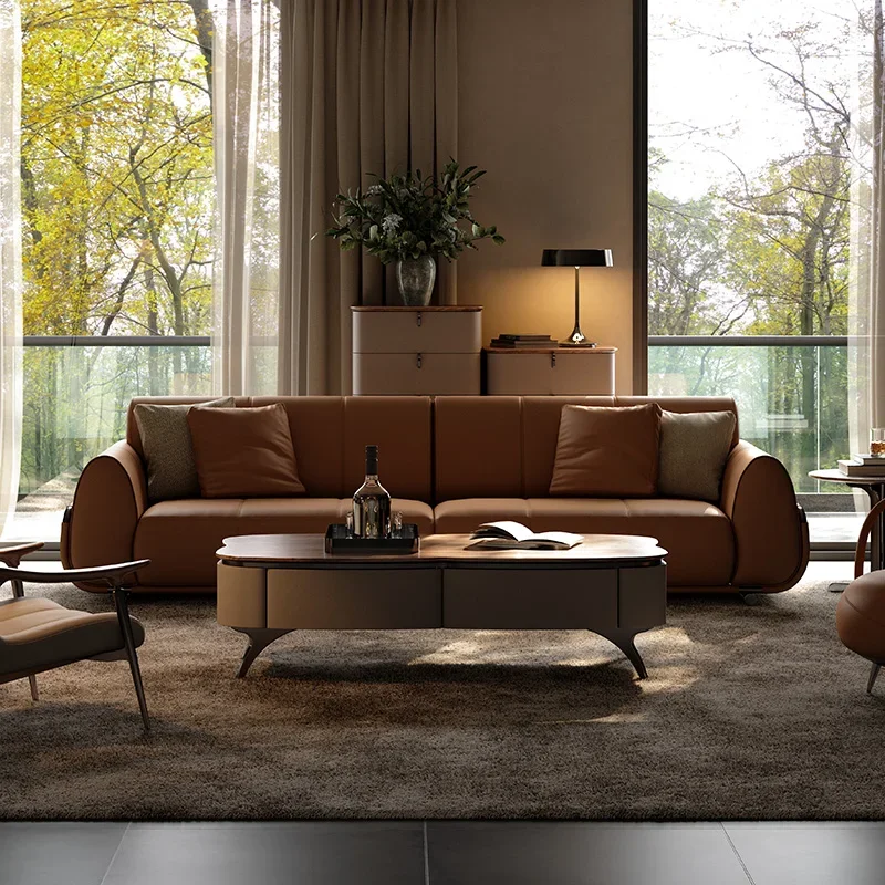 Living room furniture Modern light luxury caramel color straight row villa sofa