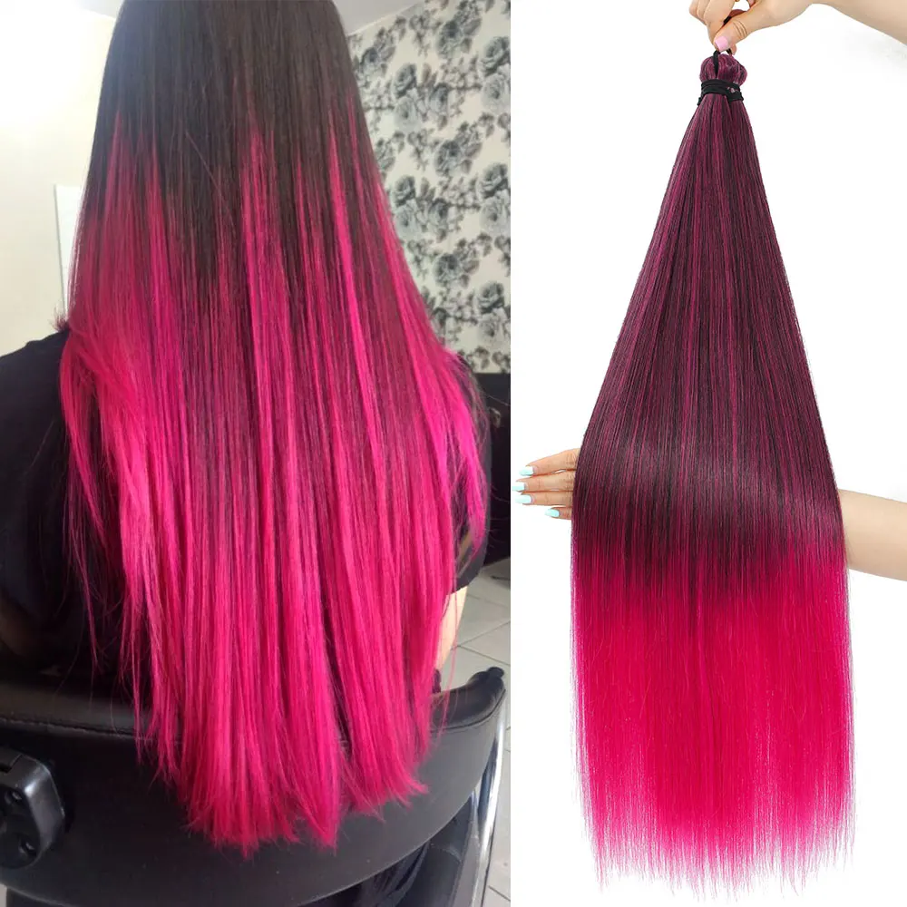

Gladys 28 Inch Synthetic Crochet Hair Straight High Temperature Fiber Braiding Extensions Ombre Blue Pink Straight Hair Bundles