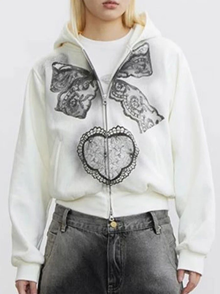 Women s Fall Zip Up Hoodies with Pockets Stylish Butterfly Love Heart Embroidery Long Sleeve Loose Casual Sweatshirts